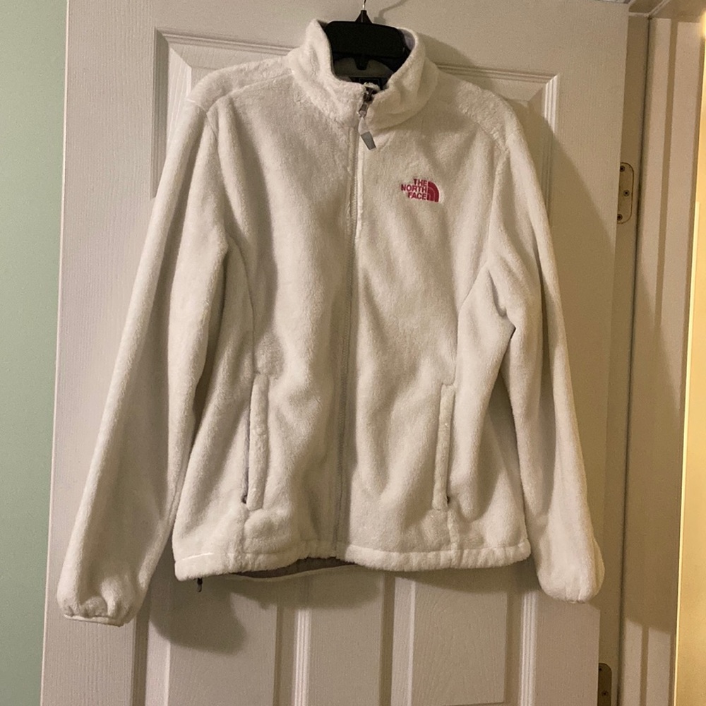 The North Face Breast Cancer White with pink emblem Fleece Jacket. Size Large.